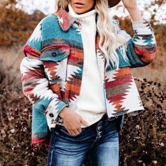 New Aztec Distressed Flannel Jacket Coat Shacket Button Up Top Blue Red - Picture 10 of 13